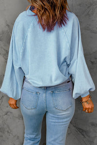 Sky Blue Washed Snap Buttons Lantern Sleeve Pullover Sweatshirt | Tops/Sweatshirts & Hoodies