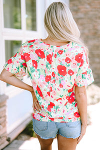 V Neck Blouse | Red Floral Print Ruffled Short Sleeve