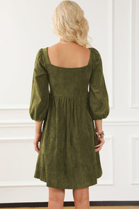 Jungle Green Suede Square Neck Puff Sleeve Dress