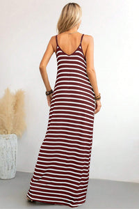 Maxi Dress | Red Stripe Side Pockets Spaghetti Straps Dress