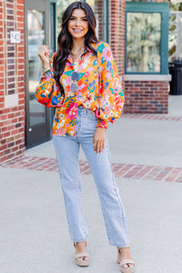 Carrot Floral Print Buttons Front Bubble Sleeve Shirt | Tops/Blouses & Shirts