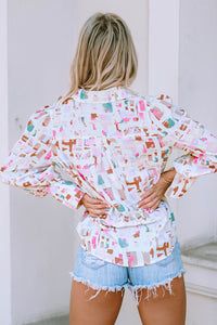 Multicolor Top | Abstract Print Lantern Sleeve Casual Shirt