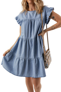 Denim Dress | Blue Ruffle Short Sleeve Tiered A-line Dress