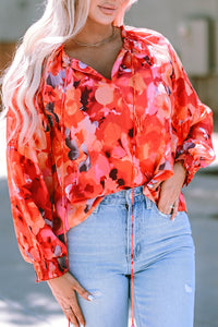 Womens Blouse | Fiery Red Floral Print Split Neck Tassel Tie Blouse | Tops/Blouses & Shirts