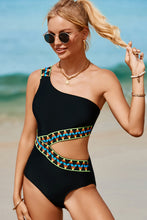 Load image into Gallery viewer, Black Zigzag Accent Cutout One Shoulder Teddy Swimwear | Swimwear/One Piece Swimsuit
