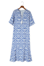 Load image into Gallery viewer, Sky Blue V Neck Casual Geometric Print Maxi Dress
