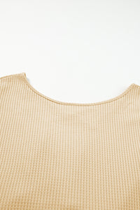 Waffle Knit Top | Apricot Sequin Patchwork Sleeve Open Back