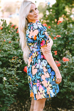 Load image into Gallery viewer, Blue Collared Split Neck Floral Flared Dress | Dresses/Floral Dresses
