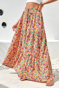 Yellow Boho Floral Print Tiered Long Skirt | Bottoms/Skirts & Petticoat