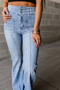 Light Blue Fly Button Exposed Seam Patched Pocket Flare Jeans | Bottoms/Jeans