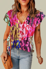 Load image into Gallery viewer, Womens Blouse | Ruffled Printed Tie Neck Cap Sleeve Blouse | Top
