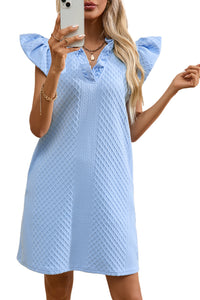 Mini Dress | Light Blue Textured Puff Sleeve V Neck Dress