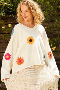 V-Neck Flower Patches Sweater