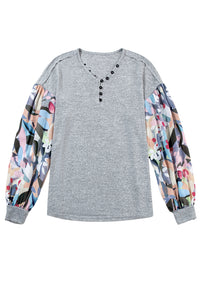 V Neck Top | Gray Floral Lantern Sleeve Patchwork Blouse