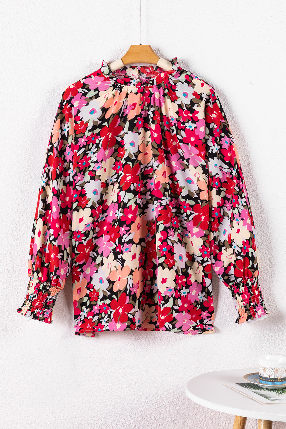 Rose Printed Frilled Neck Shirred Bracelet Sleeve Floral Blouse | Tops/Blouses & Shirts