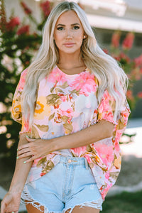 Womens Blouse | Pink Shirred Cuff 3/4 Sleeve Loose Fit Floral Blouse | Tops/Blouses & Shirts