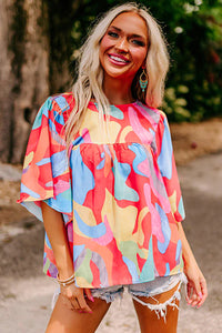 Multicolour Abstract Pattern Wide Sleeve Crew Neck Blouse | Tops/Blouses & Shirts