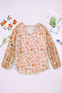 Orange Floral Print V Neck Long Puff Sleeve Top | Tops/Blouses & Shirts