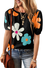 Load image into Gallery viewer, Black Flower Print Bubble Sleeve Tee | Tops/Tops &amp; Tees
