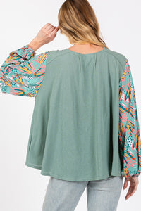 Bubble Sleeve Top | Round Neck Printed Blouse