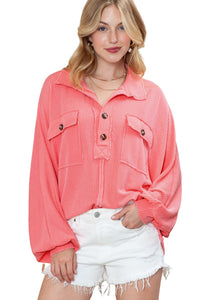 Pink Corded Flap Pocket Henley Top | Tops/Long Sleeve Tops