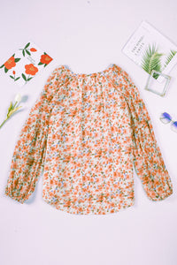 Orange Floral Print V Neck Long Puff Sleeve Top | Tops/Blouses & Shirts