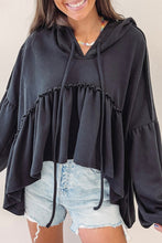 Load image into Gallery viewer, Black Oversized Ruffled High Low Hem Drop Shoulder Hoodie | Tops/Sweatshirts &amp; Hoodies
