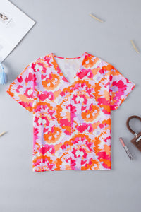 Summer Blouse | Rose Red Abstract Print V Neck Top