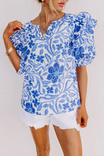 Load image into Gallery viewer, Dark Blue Floral Print Ruffled Bubble Sleeve Blouse
