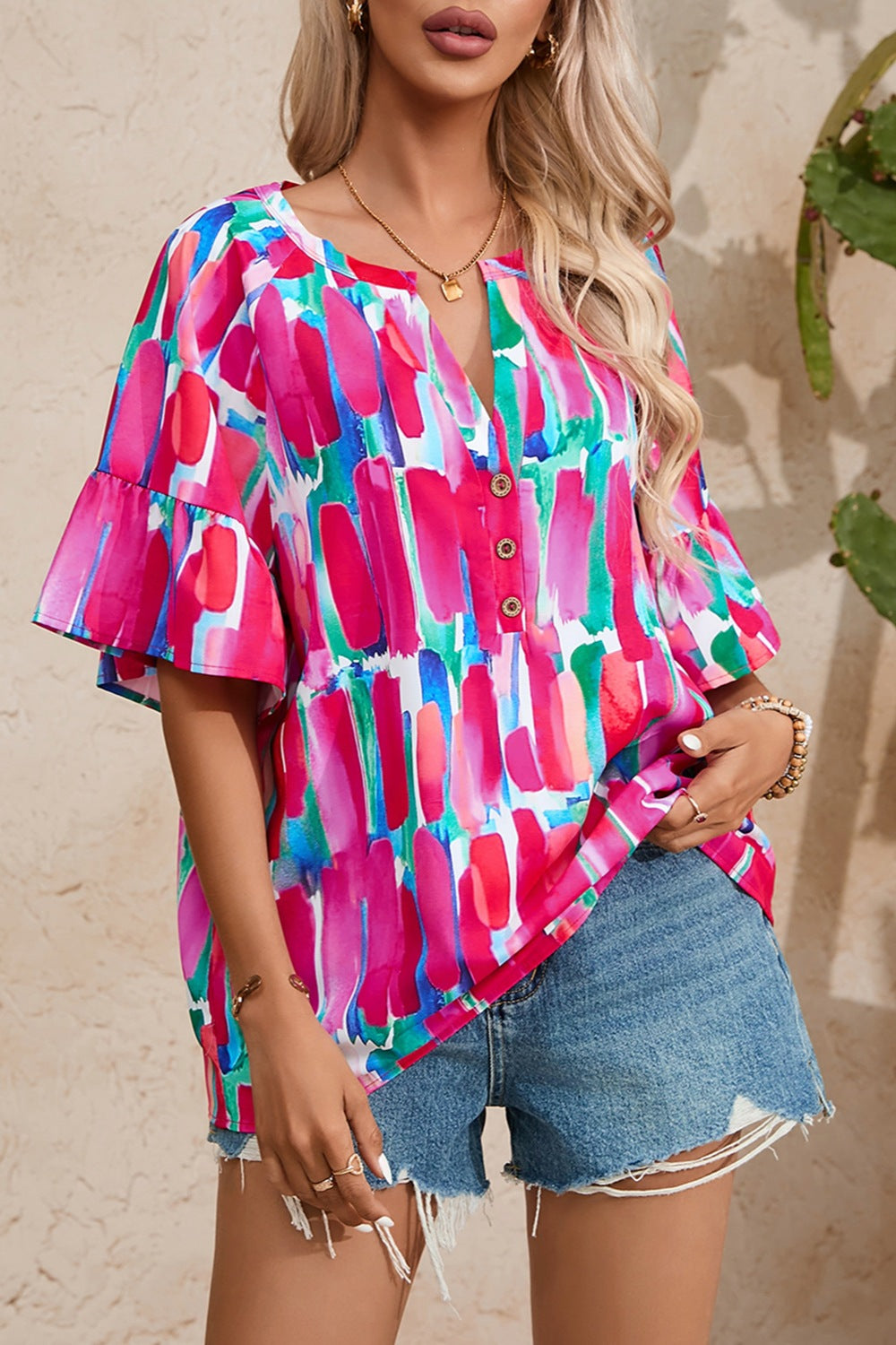 Womens Blouse | Printed Notched Half Sleeve Top