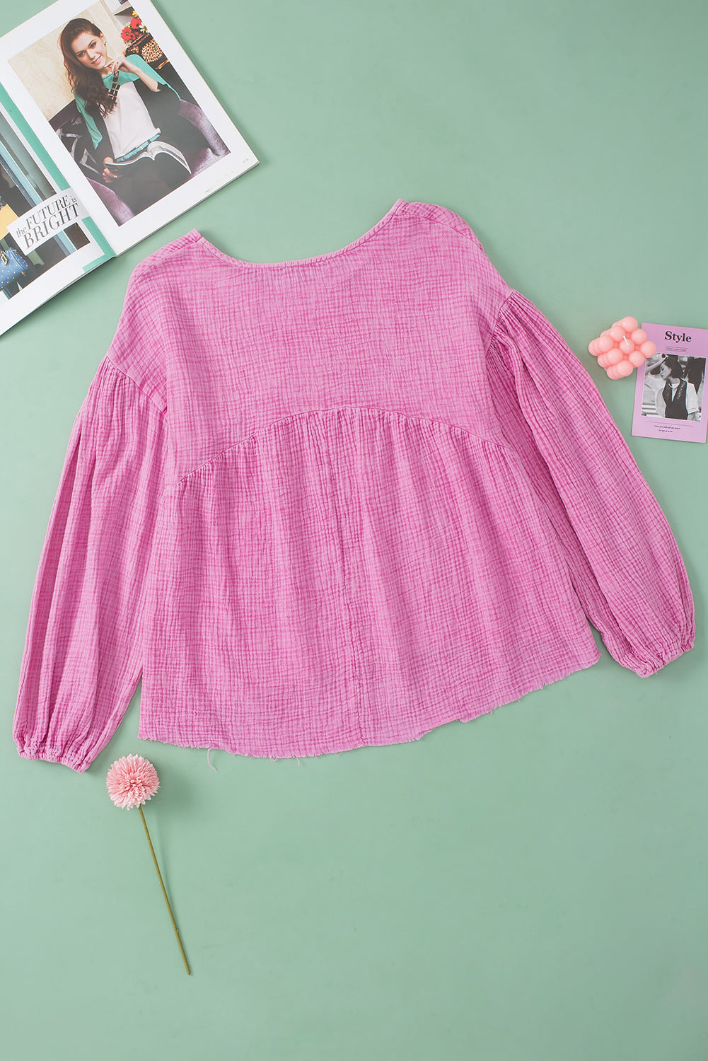 Pink Crinkle Bubble Sleeve Raw Hem Babydoll Blouse | Tops/Blouses & Shirts