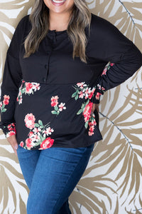 Black Plus Size Floral Printed Splicing Half Button Top | Plus Size/Plus Size Tops/Plus Size Long Sleeve Tops