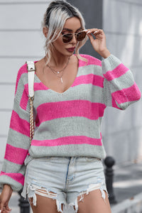 Rose Striped Colorblock Knit V Neck Loose Fit Sweater | Tops/Sweaters & Cardigans