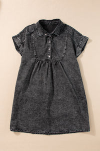 Denim Dress | Black Acid Wash Button Front Short Sleeve