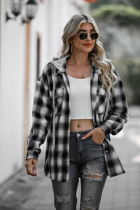 Drawstring Plaid Hooded Shacket