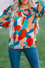 Load image into Gallery viewer, Multicolor Abstract Pattern Crewneck Ruffled Puff Sleeve Blouse | Tops/Blouses &amp; Shirts
