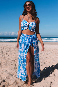 Sky Blue Tropical Ruffle Bikini High Waisted Swimsuit with Sarong | Swimwear/Bikinis