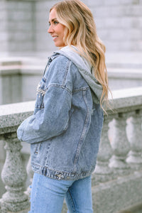 Sky Blue Rhinestone Fringed Hooded Denim Jacket