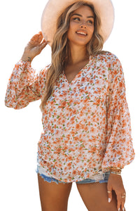 Orange Floral Print V Neck Long Puff Sleeve Top | Tops/Blouses & Shirts