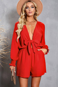 Fiery Red Tie Knot Puff Long Sleeve Romper | Bottoms/Jumpsuits & Rompers