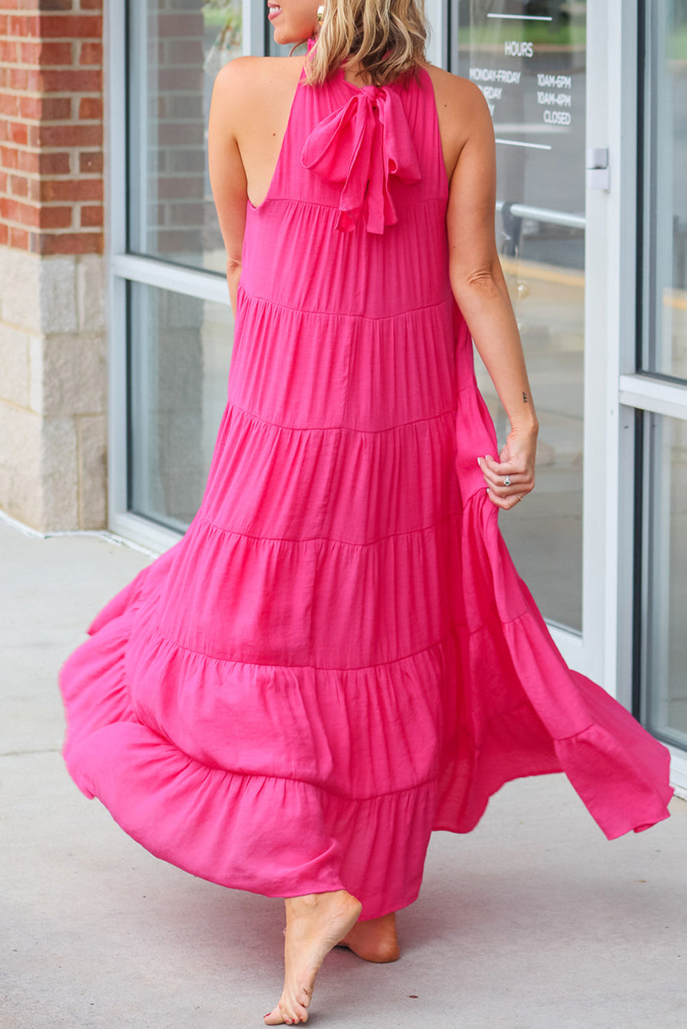 Maxi Dress | Rose Red High Frilled Neck Tiered Sleeveless