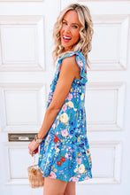 Load image into Gallery viewer, V Neck Ruffled Dress | Sky Blue Floral Flutter Sleeve Dress
