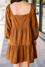 Load image into Gallery viewer, Chestnut Square Neck Puff Sleeve Tiered Corduroy Mini Dress
