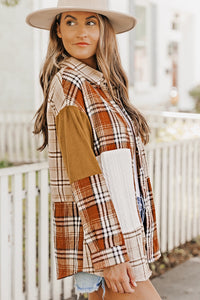 Orange Plaid Color Block Patchwork Shirt Jacket with Pocket | Outerwear/Jackets