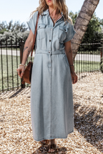 Load image into Gallery viewer, Denim Dress | Beau Blue Short Bat Wing Sleeve Slit Back Dress
