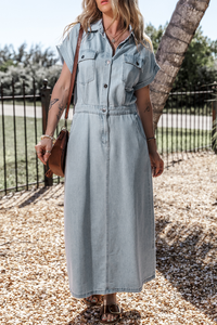 Denim Dress | Beau Blue Short Bat Wing Sleeve Slit Back Dress