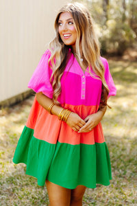 Multicolor Color Block Tiered Puff Sleeve Dress | Dresses/Mini Dresses