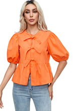 Load image into Gallery viewer, Grapefruit Orange Knotted Puff Short Sleeve Peplum Blouse | Tops/Blouses &amp; Shirts
