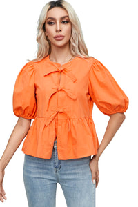 Grapefruit Orange Knotted Puff Short Sleeve Peplum Blouse | Tops/Blouses & Shirts