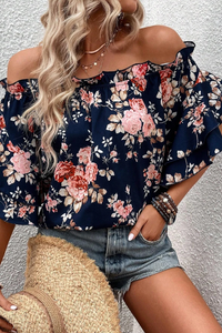 Blue Ruffle Off Shoulder Flounce Sleeve Floral Blouse | Tops/Blouses & Shirts